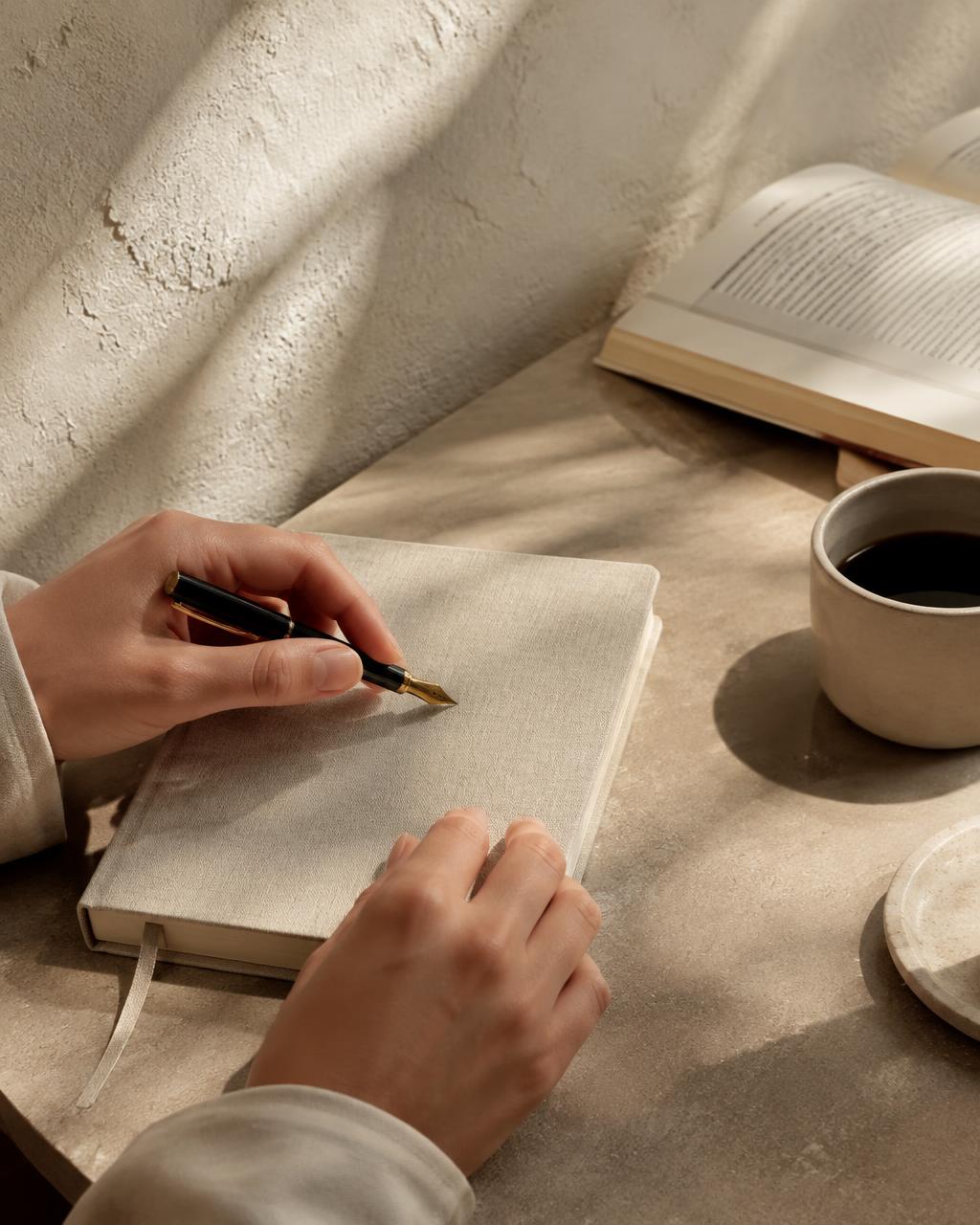 Hands resting on a linen notebook in warm sunlight